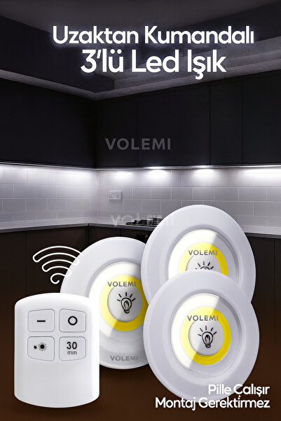 VOLEMİ Uzaktan Kumandalı 3'lü Spot LED Lamba  Kablosuz-Pilli Işık-Mutfak-Raf-...