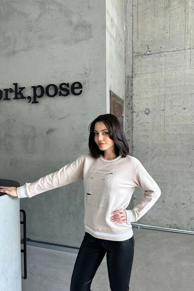 XRAY JEANS Γυναικείο φούτερ με λαιμόκοψη, διακοσμημένο με πέτρες, χαλαρό, κρεμ