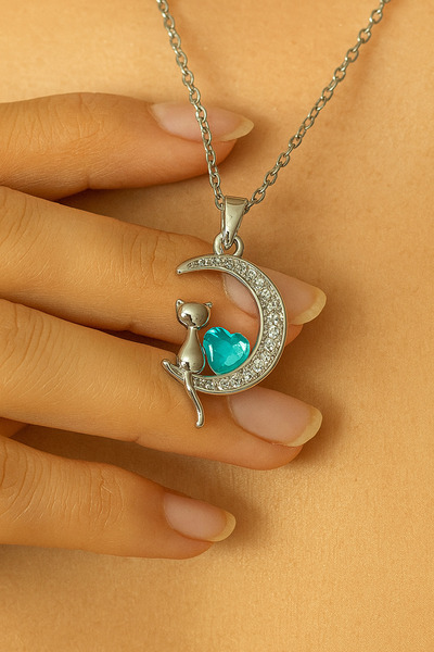NAS fashion قلادة هلالية بتصميم قطة مزينة بالأحجار للنساء - مصنوعة من الفولاذ...
