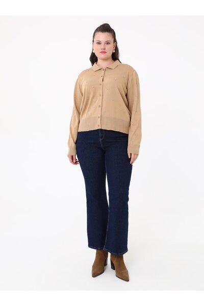 ALİA Large Size Stone Detailed Knitwear Cardigan - Mink - Alia