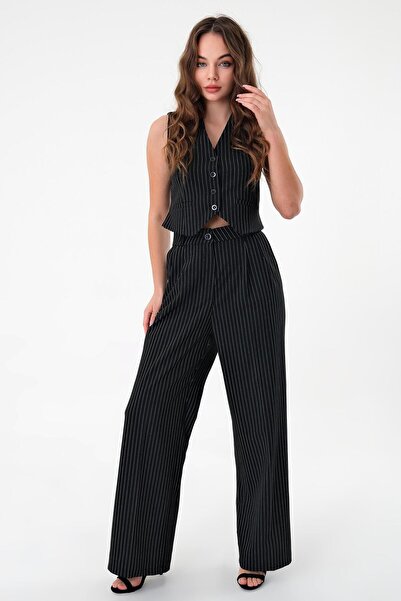 Hazel Set de pantaloni cu vestă cu dungi negre pentru femei