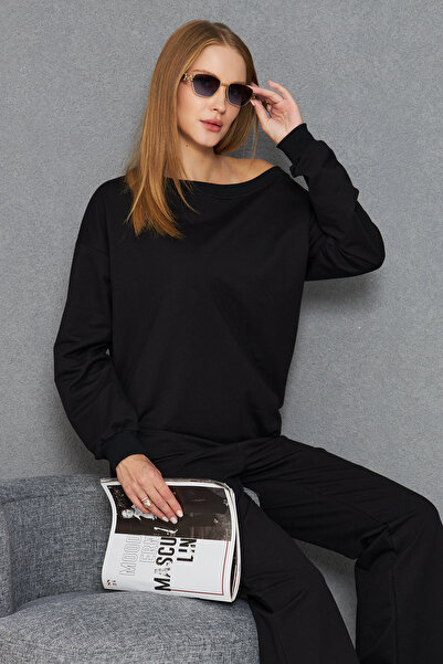 ESPOİRPLUS Black Wide Collar High Waist Spanish Leg Sewatshirt Suit