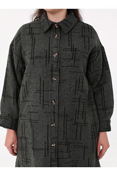 ALİA Büyük Beden Desenli Oversize Kaşe Ceket - Haki - Siyah - Alia