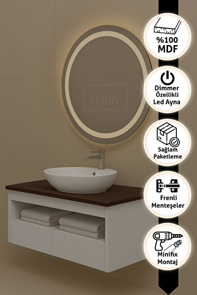 NUUN DEKOR Aurora 80cm Banyo Dolabı Seti (Yuvarlak Ledli Dokunmatik Ayna + MDF Lavabo Dolabı + Seramik Lavabo)
