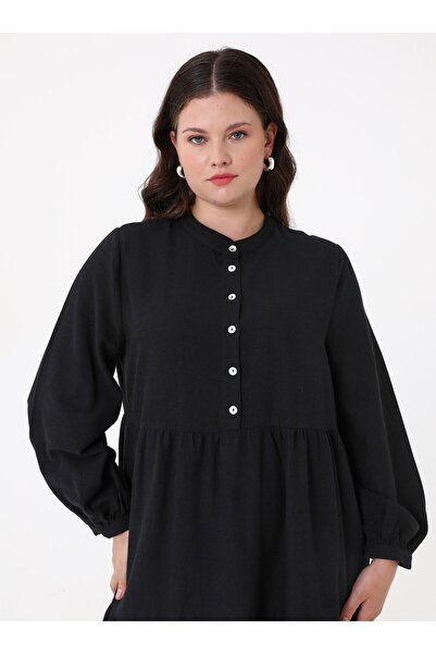 ALİA Φόρεμα μεγάλου μεγέθους με λεπτομέρεια με κουμπί γιακά - Μαύρο - Alia