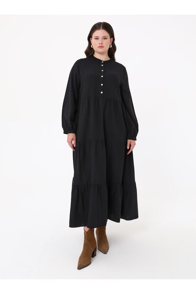 ALİA Φόρεμα μεγάλου μεγέθους με λεπτομέρεια με κουμπί γιακά - Μαύρο - Alia
