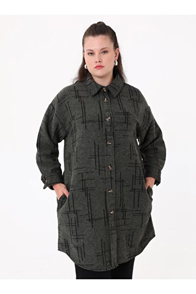 ALİA Büyük Beden Desenli Oversize Kaşe Ceket - Haki - Siyah - Alia