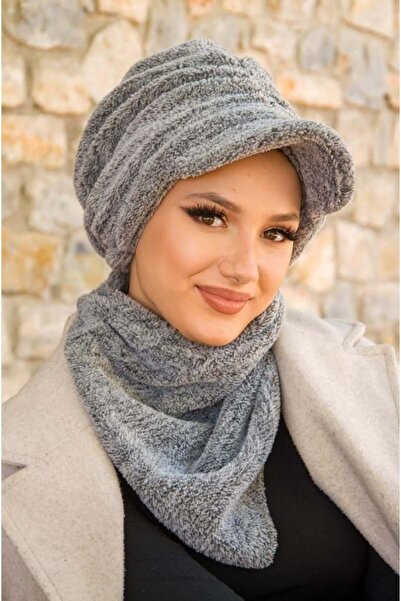 Aişe tesettür Grey Fur Hat and Etol Set