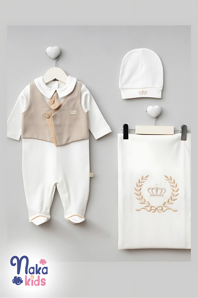Naka Concept 100% Cotton Baby Boy 3-Piece Hospital Discharge Set – Hat, Overalls and Blanket – Crown Embroidered