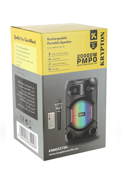 KRYPTON Bluetooth Speaker with Wireless Mic, USB/FM, RGB Lights, 20000W PMPO, 6H Playtime