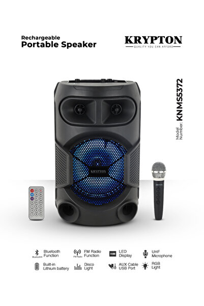 KRYPTON Bluetooth Speaker with Wireless Mic, USB/FM, RGB Lights, 20000W PMPO, 6H Playtime