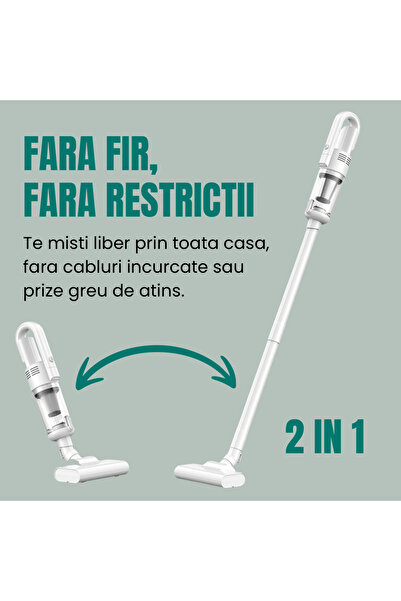 KonLinx Aspirator vertical fără fir, 6500Pa, filtru HEPA, iluminare LED, alb