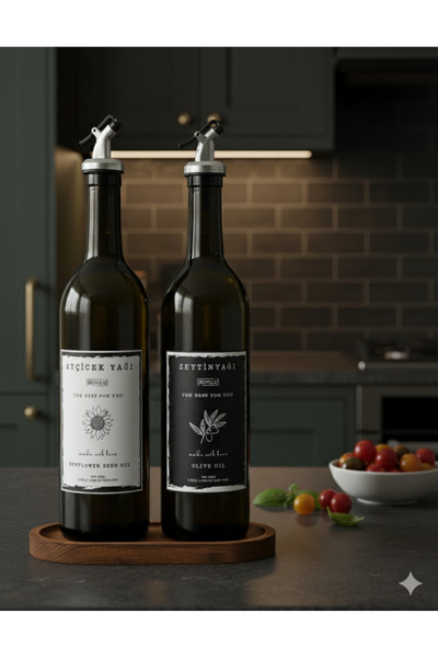 BÜYÜLÜ HOME SB Oval Ahşap Stantlı Amber 2'li 750 ml Zeytinyağı Sıvıyağ Şişesi...