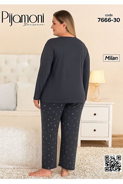 Pijamoni BÜYÜK BEDEN KADUN UZUN KOLLU BAMBU PİJAMA TAKIMI