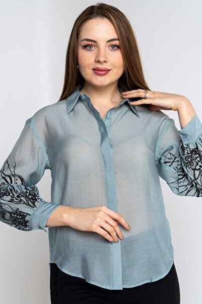 Nichii Women's Sheer Long Sleeve Shirt with Patterned Sleeves
