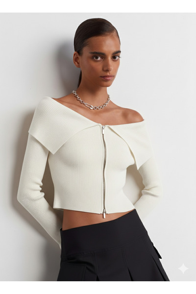 Dilvin 60252 Bardot Collar Zippered Knitwear Cardigan-Ecru