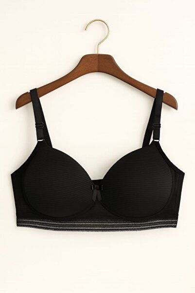 enmodaiçgiyim Чорний великий розмір C без підкладки, без кісточок, з губкою, смугастий, з тюлевими деталями бюстгальтер