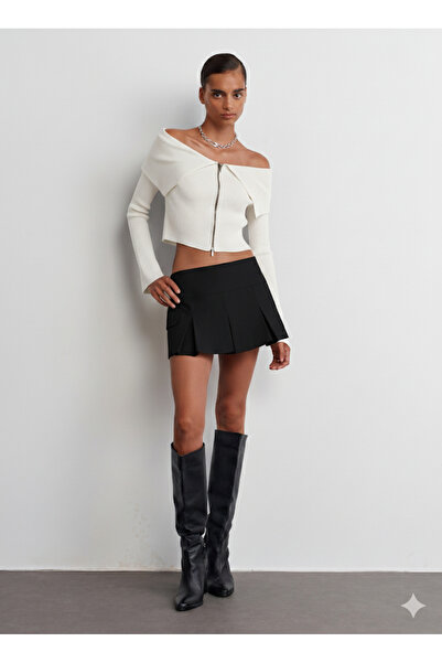 Dilvin 60252 Bardot Collar Zippered Knitwear Cardigan-Ecru