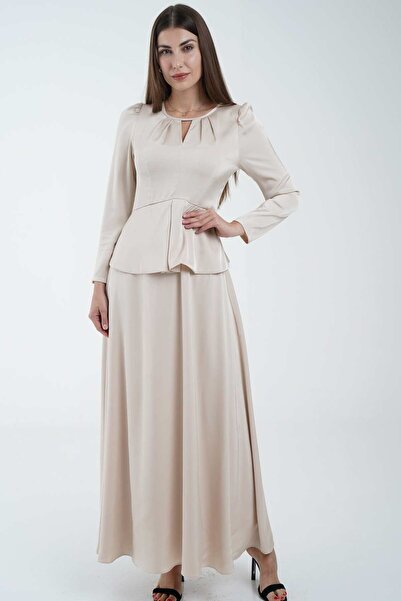 Nichii فستان ماكسي سادة للنساء مع تفاصيل الخصر وأكمام طويلة