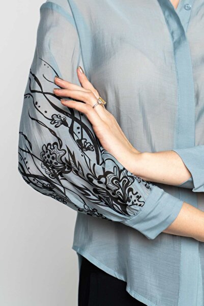 Nichii Women's Sheer Long Sleeve Shirt with Patterned Sleeves