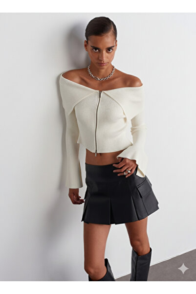 Dilvin 60252 Bardot Collar Zippered Knitwear Cardigan-Ecru