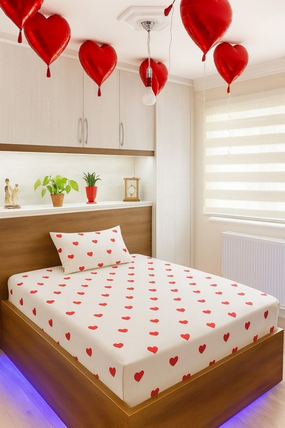 Pamuklu Tek Kişilik Lastikli Çarşaf Seti 120x200 Kırmızı Kalp Desenli