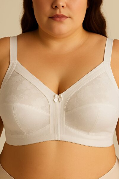 enmodaiçgiyim White Plus Size Patterned Non-Padded Wirefree Recovery C Cup Bra – Breathable Comfortable Underwear