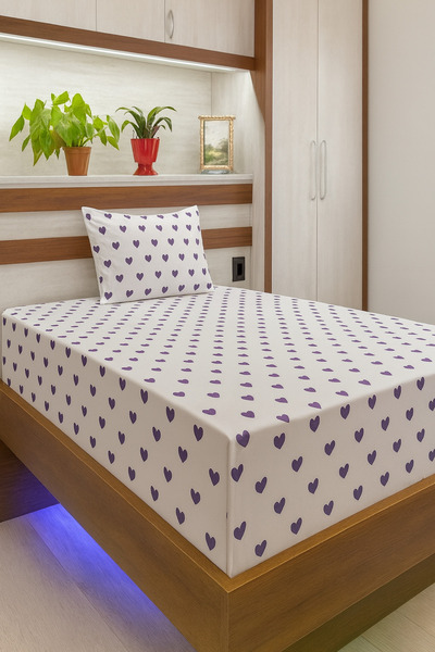 Felina Home Cotton Single Fitted Sheet Set 120X200 Lilac Heart Patterned