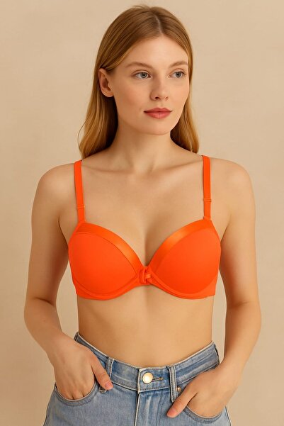 enmodaiçgiyim Supported Neon Orange Satin Piping Luxury Women's Bra