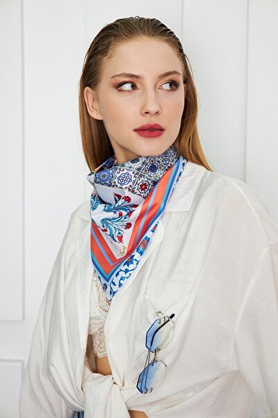 D scarf Kadın Mavi Desenli Fular Bandana