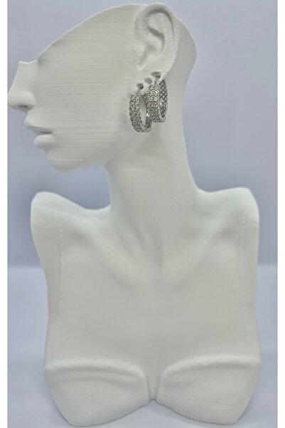 Nilonya Aksesuar Zirkon Taşlı Çift Sıra Halka Küpe