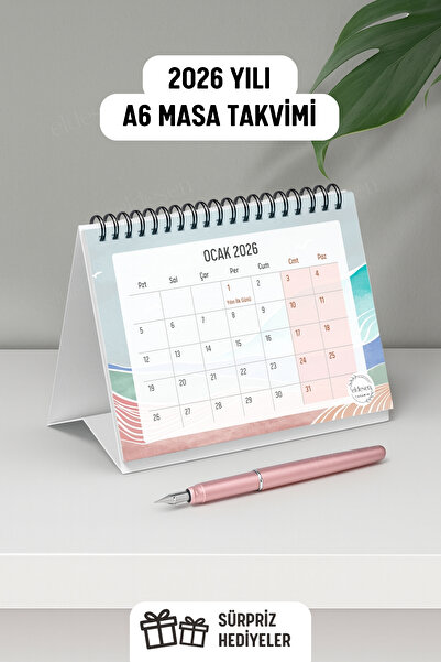 Eldesen Tasarım 2026 Masa Takvimi Spiralli A6 (15x12cm) Orta Boy / Resmi Tatiller ve Hafta Sonları / 12 Aylık