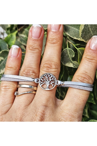 Wild Bracelets Bratara Copacul vietii, din piele intoarsa , argintie, lucrata manual by