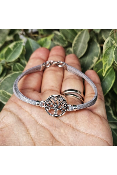 Wild Bracelets Bratara Copacul vietii, din piele intoarsa , argintie, lucrata manual by