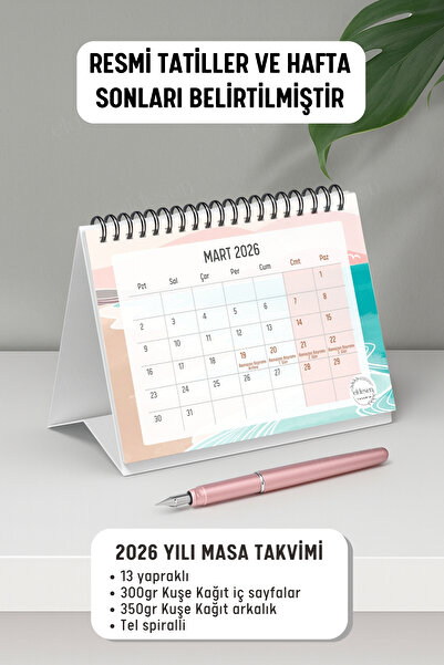 Eldesen Tasarım 2026 Masa Takvimi Spiralli A6 (15x12cm) Orta Boy / Resmi Tatiller ve Hafta Sonları / 12 Aylık