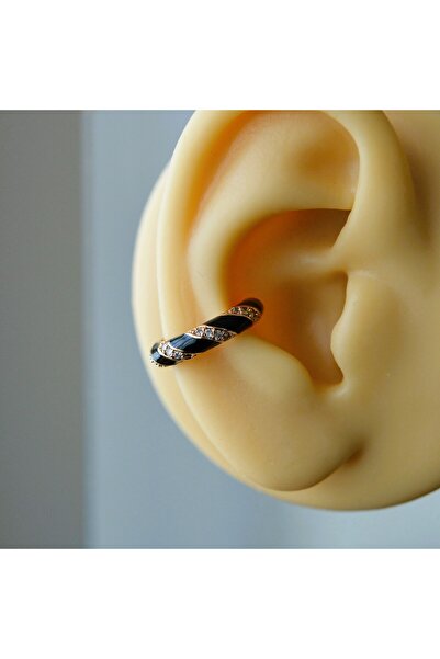 Heppii Siyah Taşlı Bombeli Düz Earcuff Sıkıştırma Kıkırdak Küpe