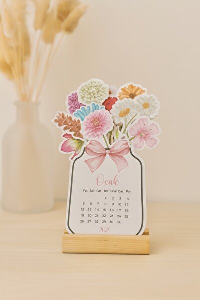 WALLHUMAN 2026 Ahşap Ayaklı Çiçekli Mini Özel Tasarım, Masaüstü Takvim - Yeni Yıl