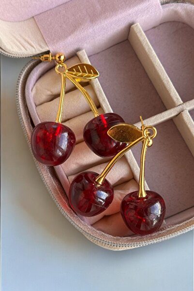 MUTENA Kiraz Figürlü Kirazlı Yaz Serisi Küpe Bordo Özel Tasarım Sallantılı Küpe