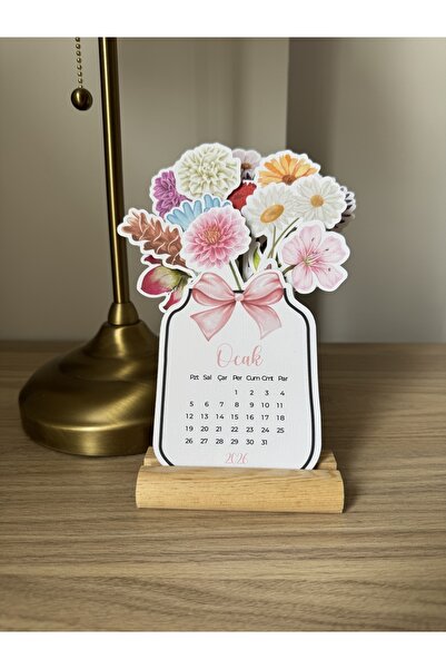 WALLHUMAN 2026 Ahşap Ayaklı Çiçekli Mini Özel Tasarım, Masaüstü Takvim - Yeni Yıl