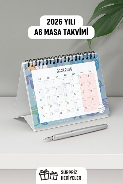 Eldesen Tasarım 2026 Masa Takvimi Spiralli A6 (15x12cm) Orta Boy / Resmi Tatiller ve Hafta Sonları / 12 Aylık