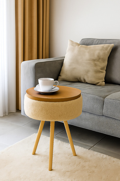 own home Teddy Kumaş Kaplama Çam Ahşap Yuvarlak Zigon Sehpa, Yan Sehpa, 50x33 cm