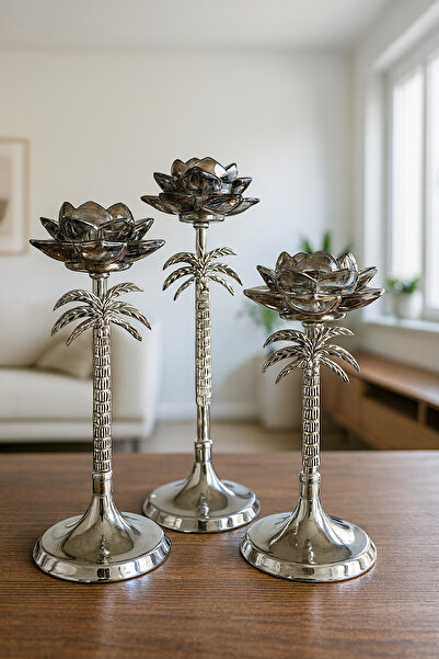 MİS KİTCHEN Gümüş Renk Dekoratif Cam Lotus Çiçekli 3’lü Şamdan Seti – Palmiye...