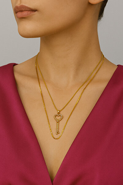 shop Çelik Kararma Yapmaz Zirkon Taşlı Gold Anahtar Kolye