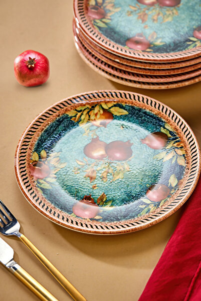 EMBazaar 6'LI Nar Bahçesi Serisi Full Desen/Pasta Sunum Tabağı/Tatlı Tabağı/Kahvaltı Servis Tabağı/Tabak