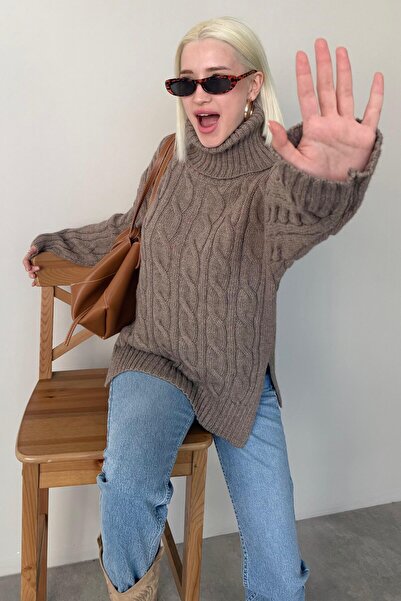 ELBA STİL المنك الياقة المدورة سترة تريكو