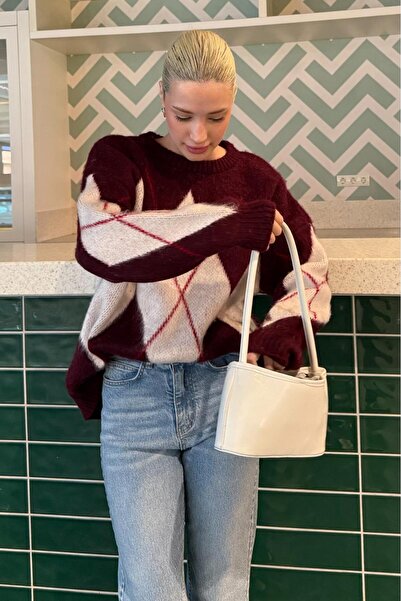 ELBA STİL Burgundy Crew Neck Geometric Pattern Women's Sweater