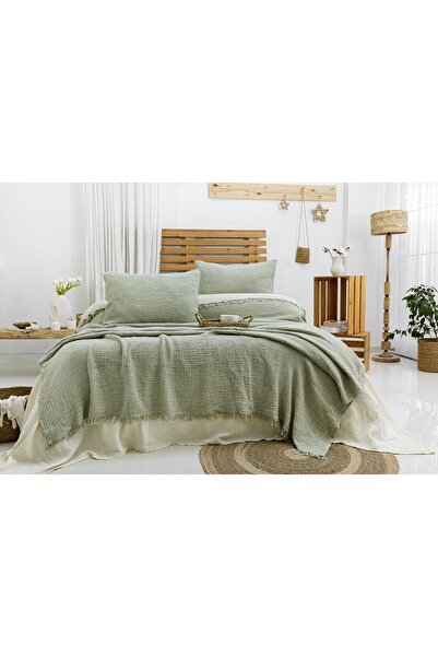 YASEMİNİNEVİ Green Green - Ecru Single Pique/bed Cover 4 Layers Muslin 100% Cotton