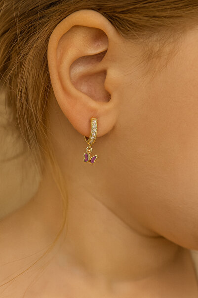 Çgk Çiğdem Gürel Kuyumculuk 14 Ayar Mor Kelebek Sallantılı Çocuk Küpesi