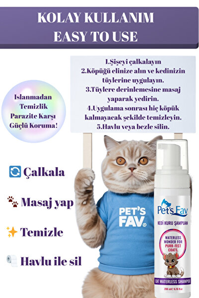 Pets Fav Kedi Bit Pire Kene ve Parazit Önleyici Kuru Köpük Şampuanı