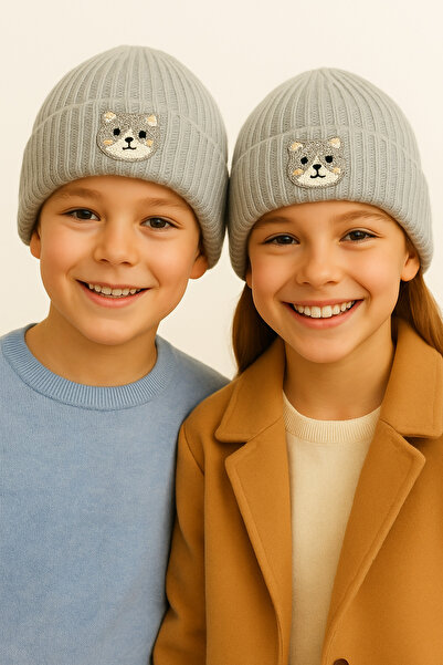 byebruketenci Children's Gray Wool Cat Animal Figured Beanie with Punch Detail